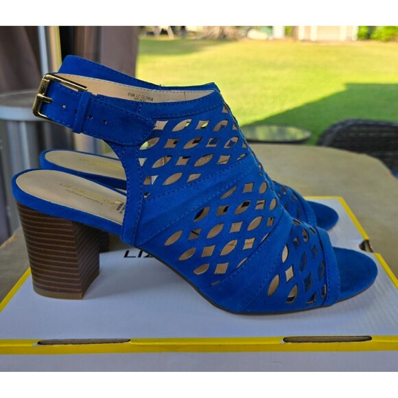 Liz Claiborne Open Toe Heels Pumps Sling Back Sandals Suede NEW 9.5M Blue - Picture 1 of 4